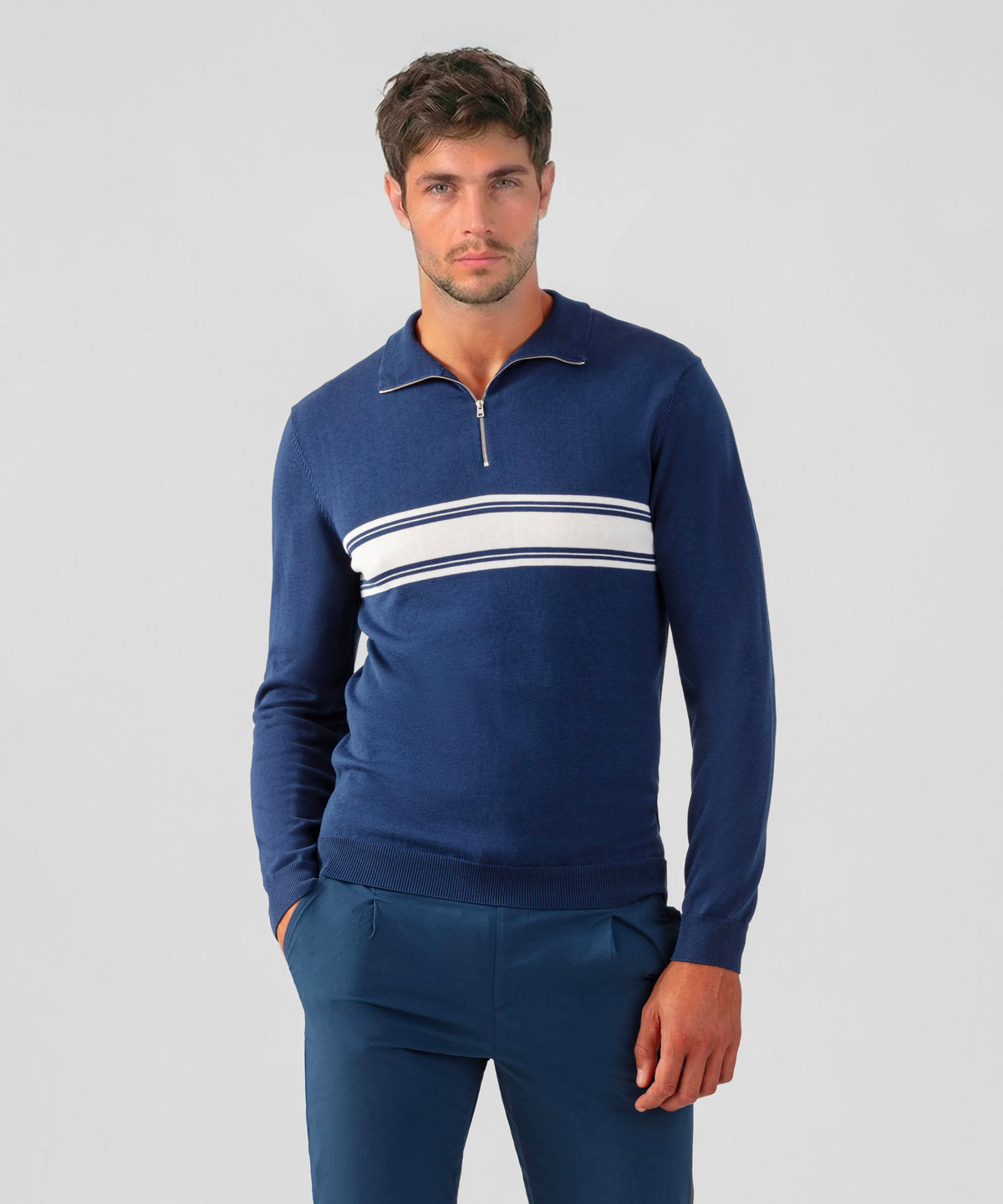 Cotton-Silk Long Sleeved RD Polo: Deep Blue
