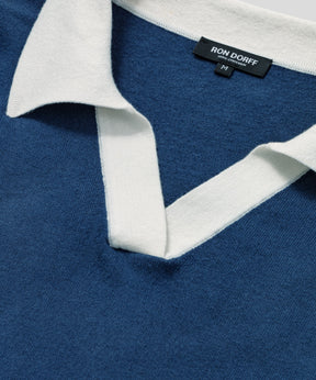 Polo en coton lin à col V: Bleu foncé