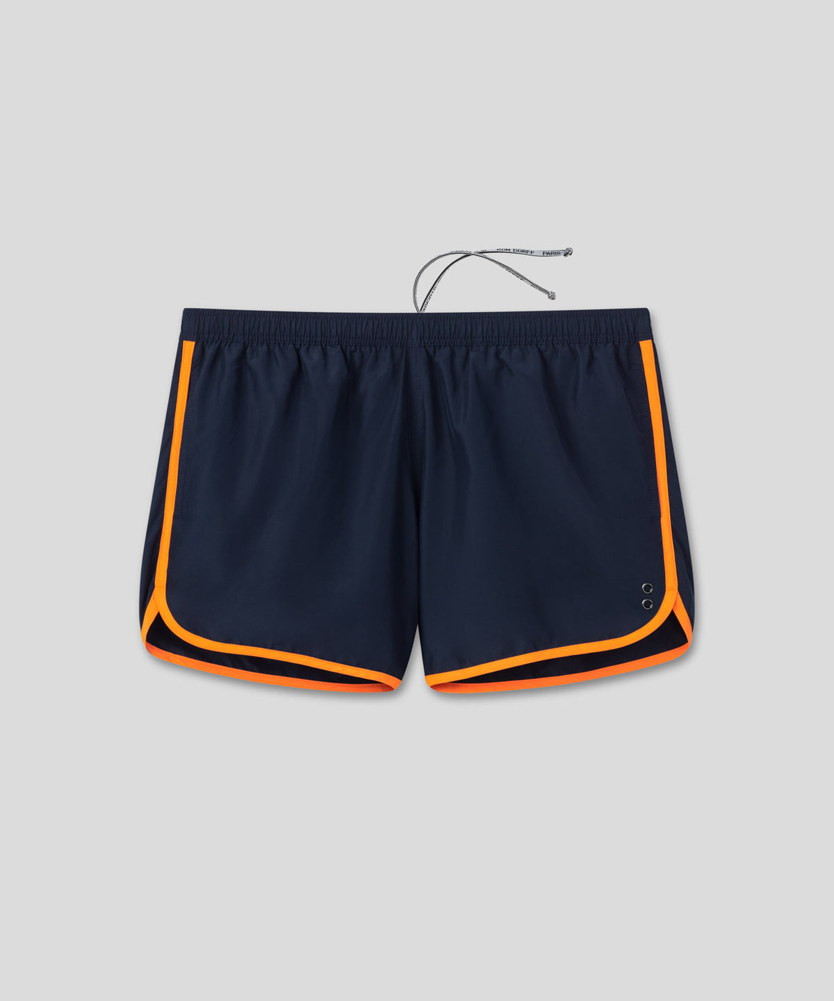 Short de bain avec bords arrondis et bandes contrastées: Bleu marine/orange fluo