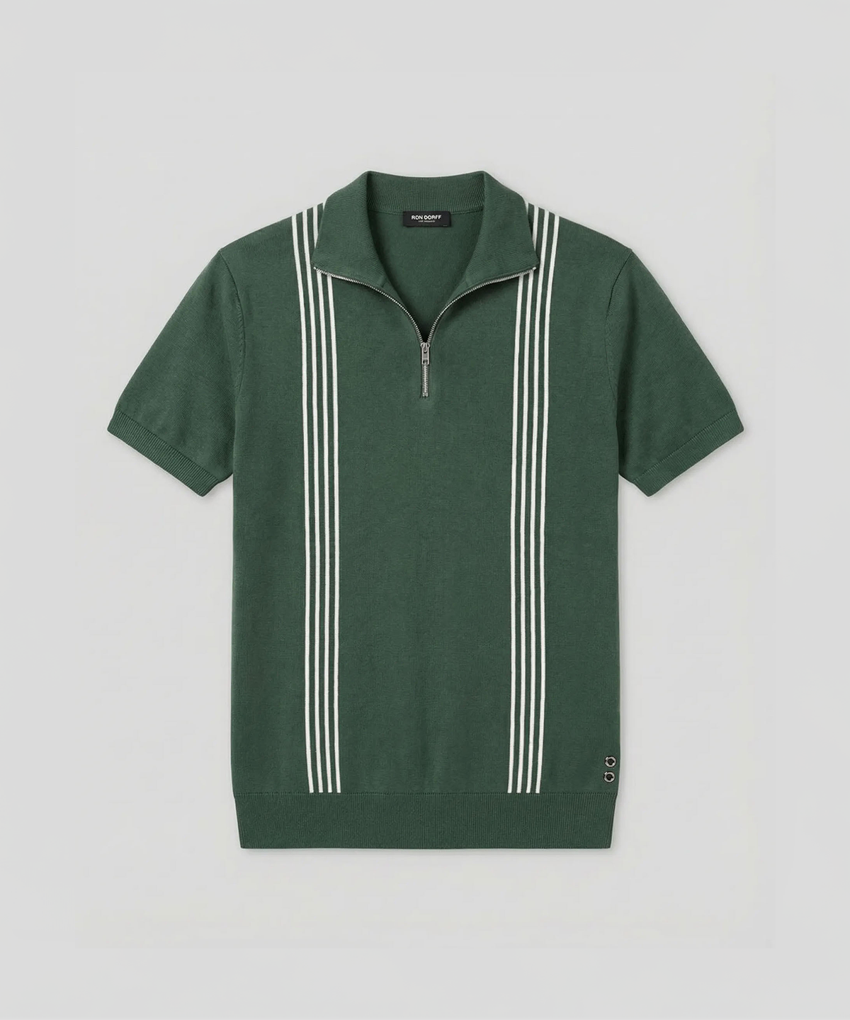Cotton-Silk Zip Collar Polo w. Stripes: Court Green