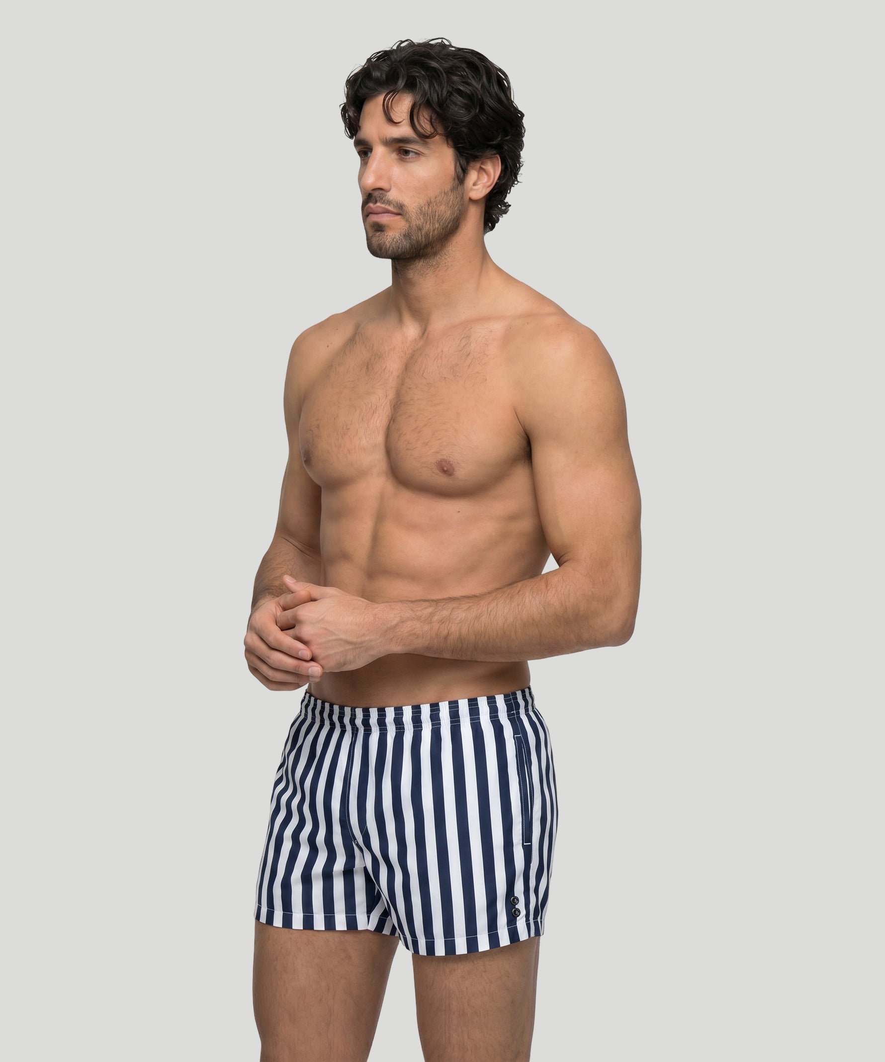Short de bain à rayures verticales: Bleu marine/blanc