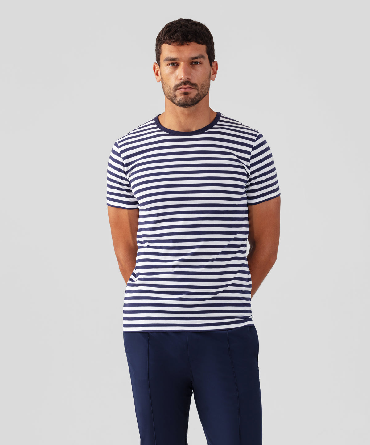 T-shirt col rond en coton: Bleu marine/Blanc