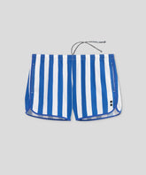 Short de bain court avec bandes verticales: Bleu grec/Blanc