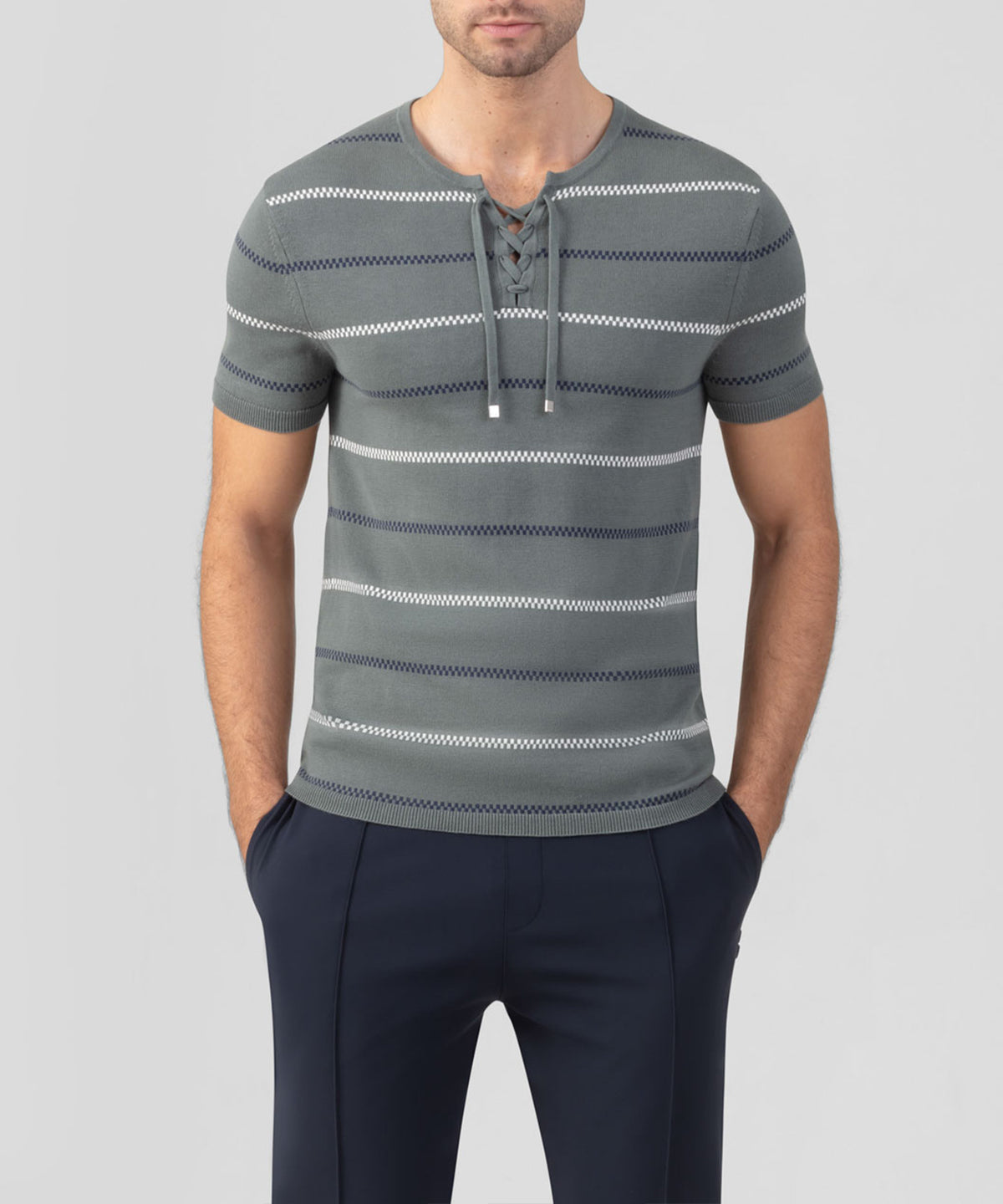 Knitted T-Shirt w. Fisherman Stripes: Green Shadow