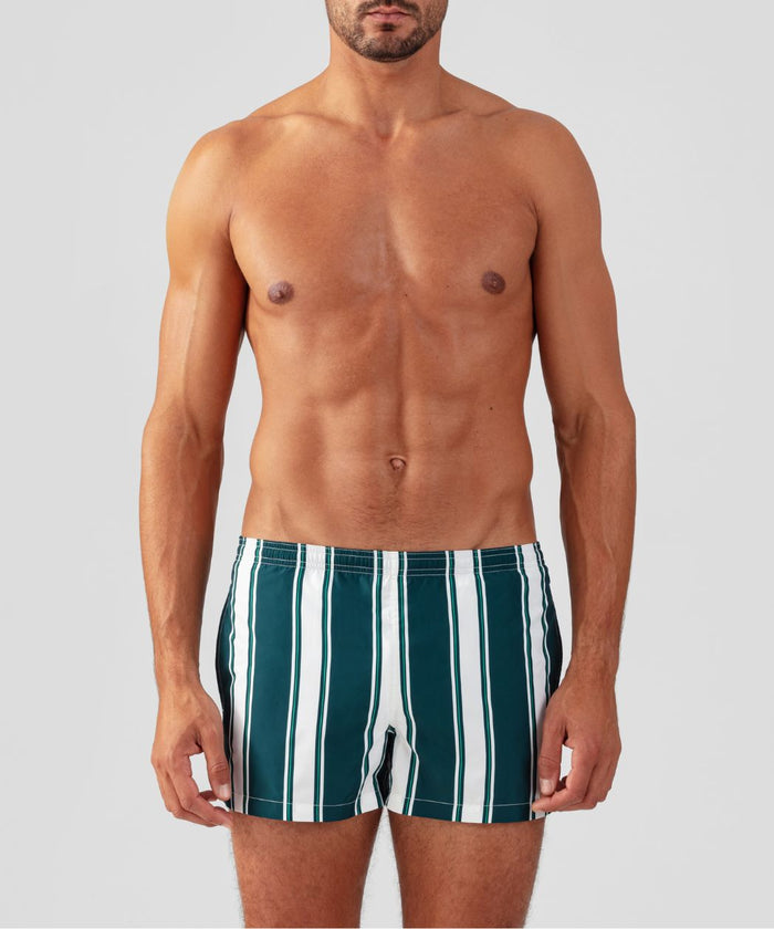 Swim Shorts w. Irregular Stripes: Pine Green/White