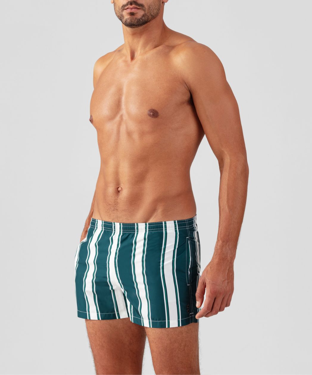 Swim Shorts w. Irregular Stripes: Pine Green/White