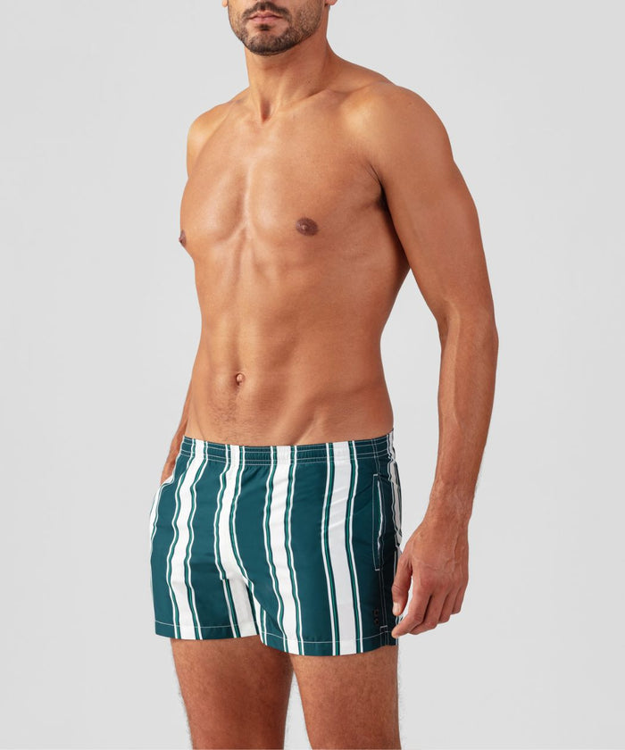 Swim Shorts w. Irregular Stripes: Pine Green/White