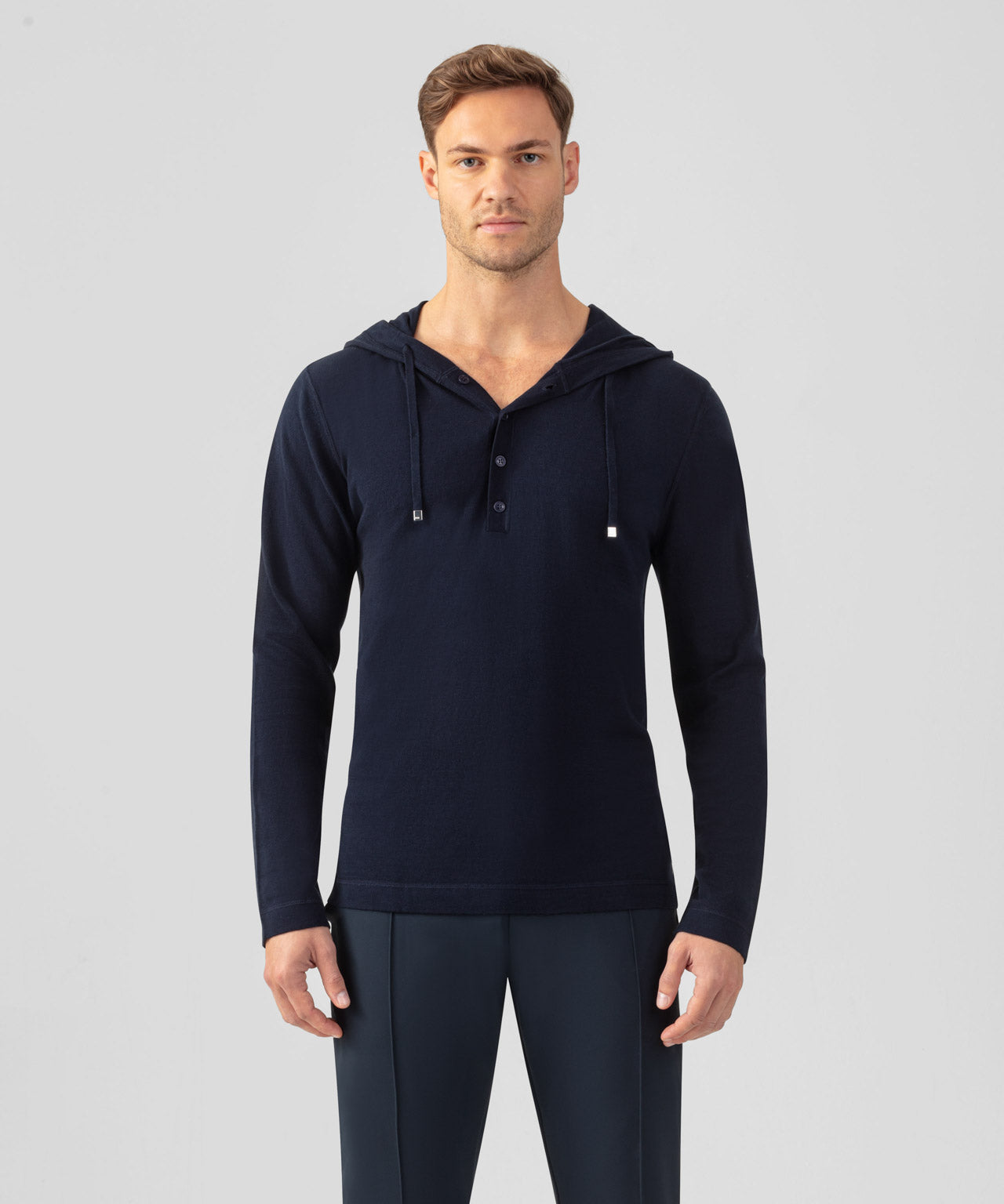 Light Cotton-Silk Hoodie Sweater: Navy