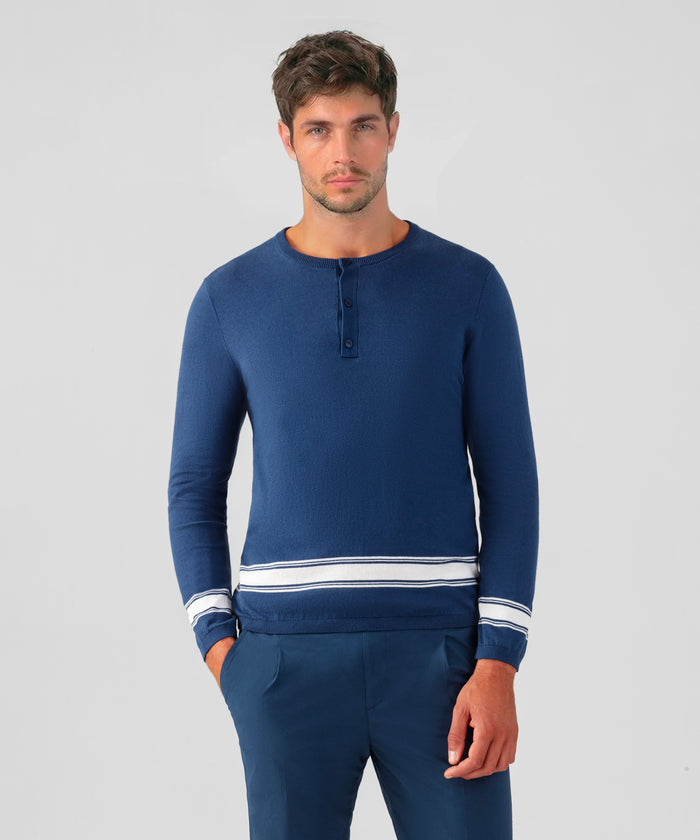 Cotton-Linen Henley Sweater: Deep Blue