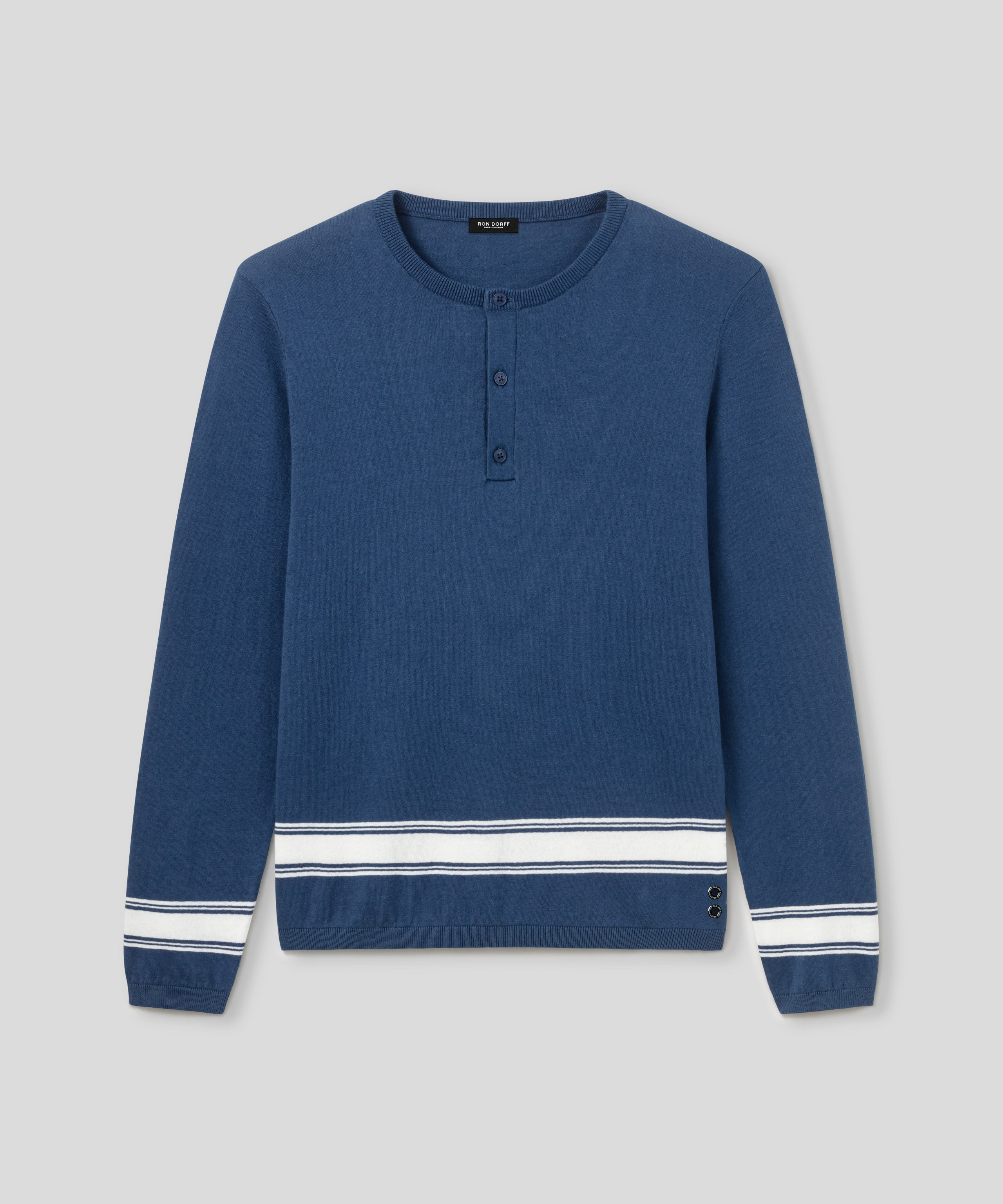 Baumwoll-Leinen Henley-Pullover: Tiefblau