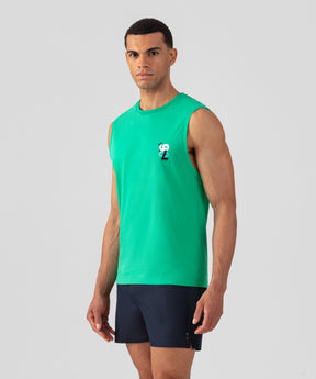 T-shirt sans manches en coton organique à imprimé 1970: Vert gazon
