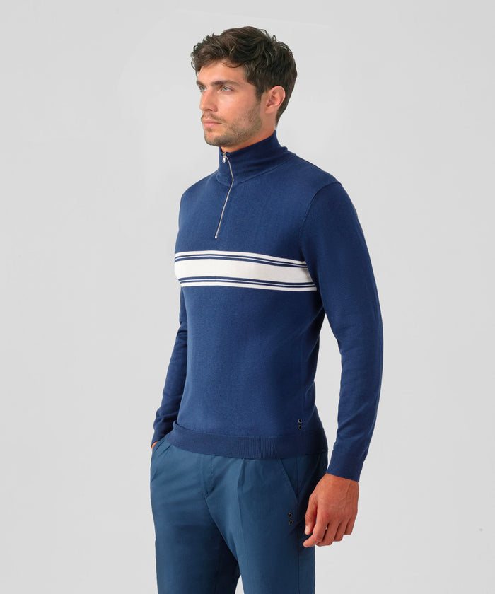 Cotton-Silk Long Sleeved RD Polo: Deep Blue