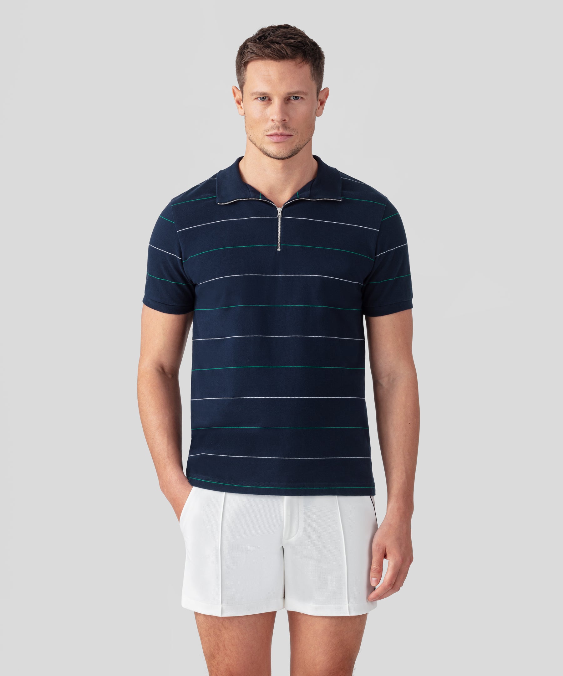 Cotton Piqué RD Polo w. Tennis Stripes: Navy