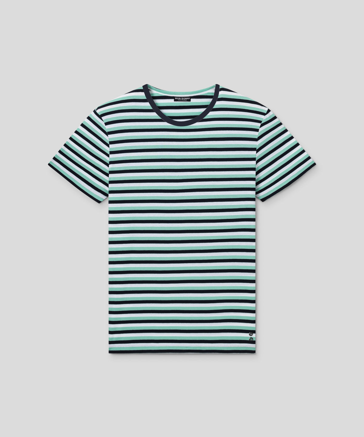 T-shirt col rond en coton avec lignes tricolores: Vert gazon/Bleu marine/Blanc