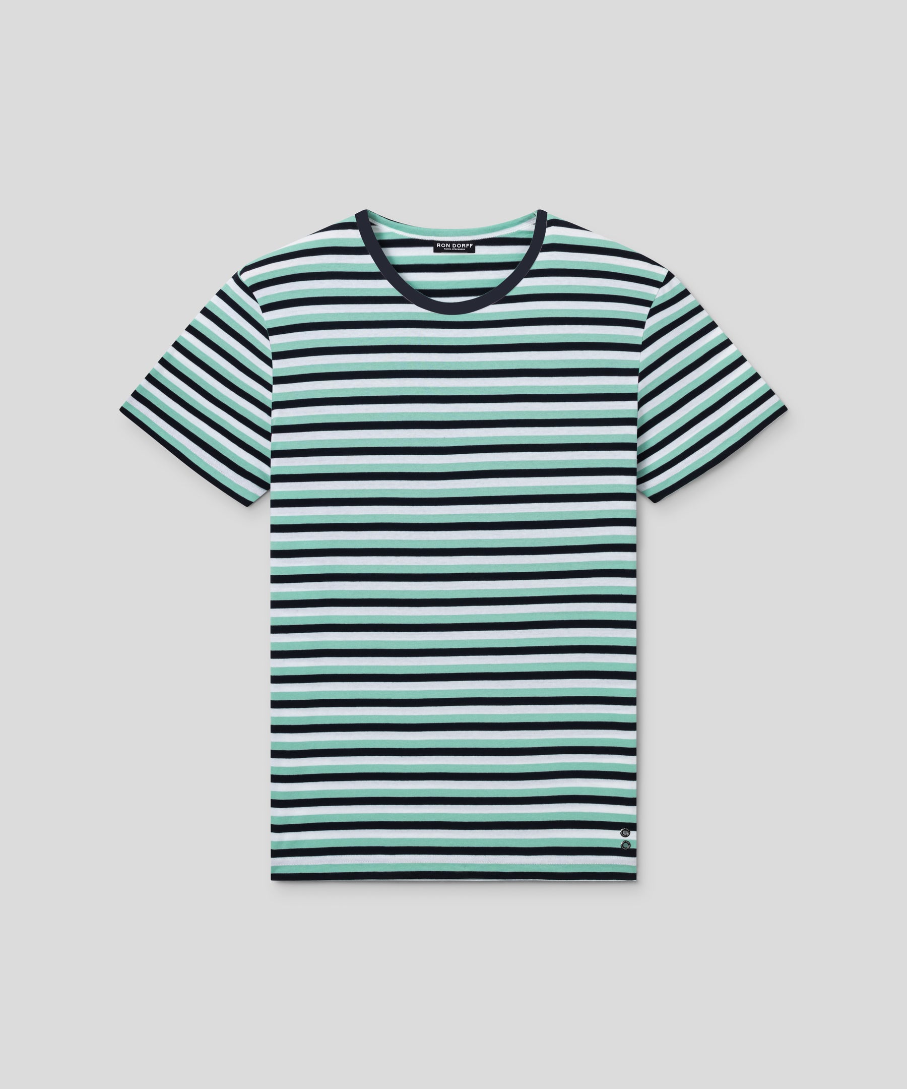 T-shirt col rond en coton avec lignes tricolores: Vert gazon/Bleu marine/Blanc