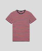 T-shirt col rond en coton avec lignes tricolores: Rouge/Bleu marine/Blanc
