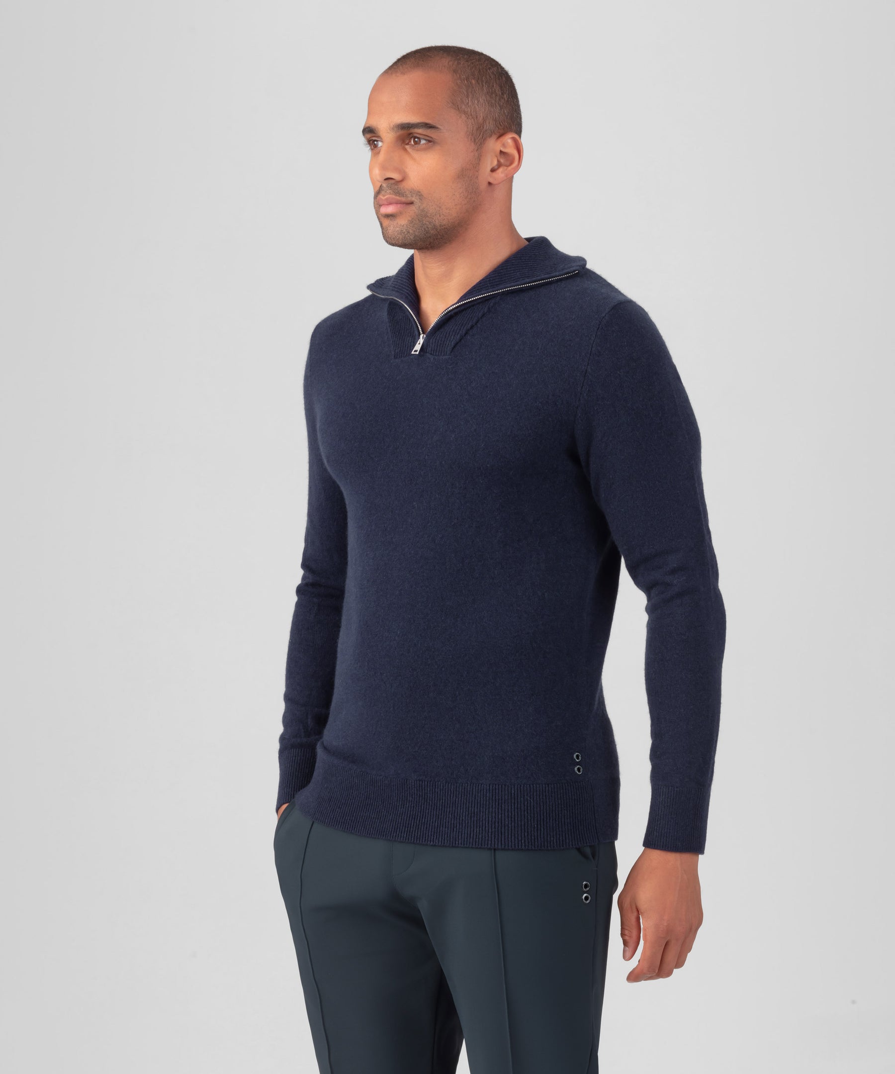 Pull en laine et cachemire avec demi-col zippé: Bleu marine