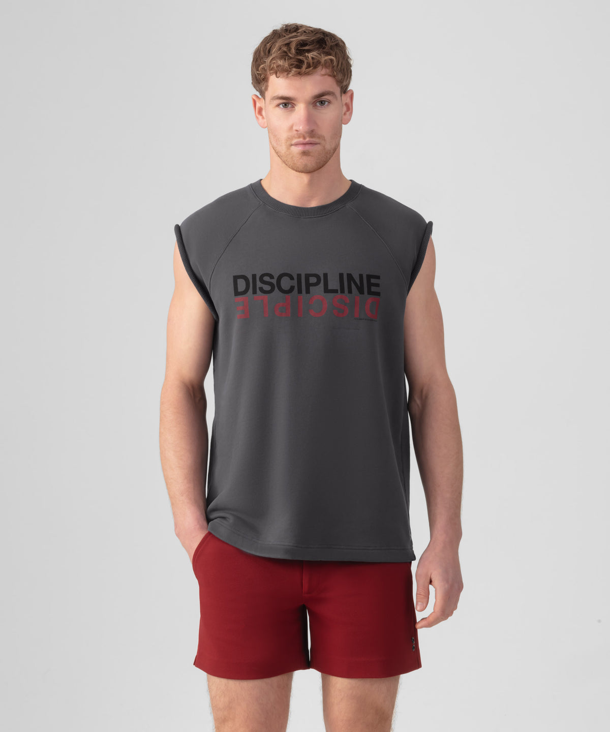 Sweatshirt sans manches en coton organique "DISCIPLINE DISCIPLE": Gris lave