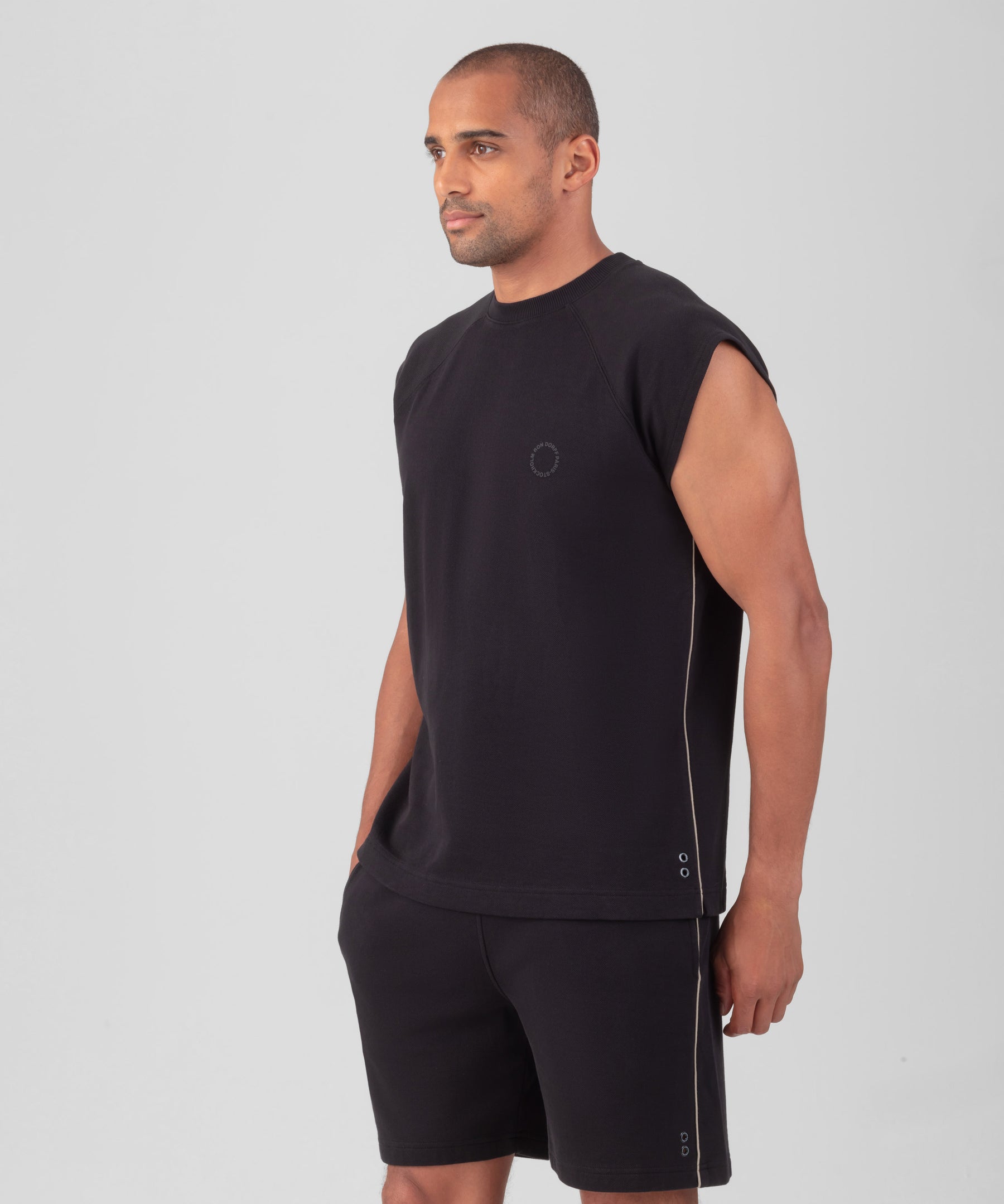 Cotton Piqué Sleeveless Sweatshirt w. Piping: Black