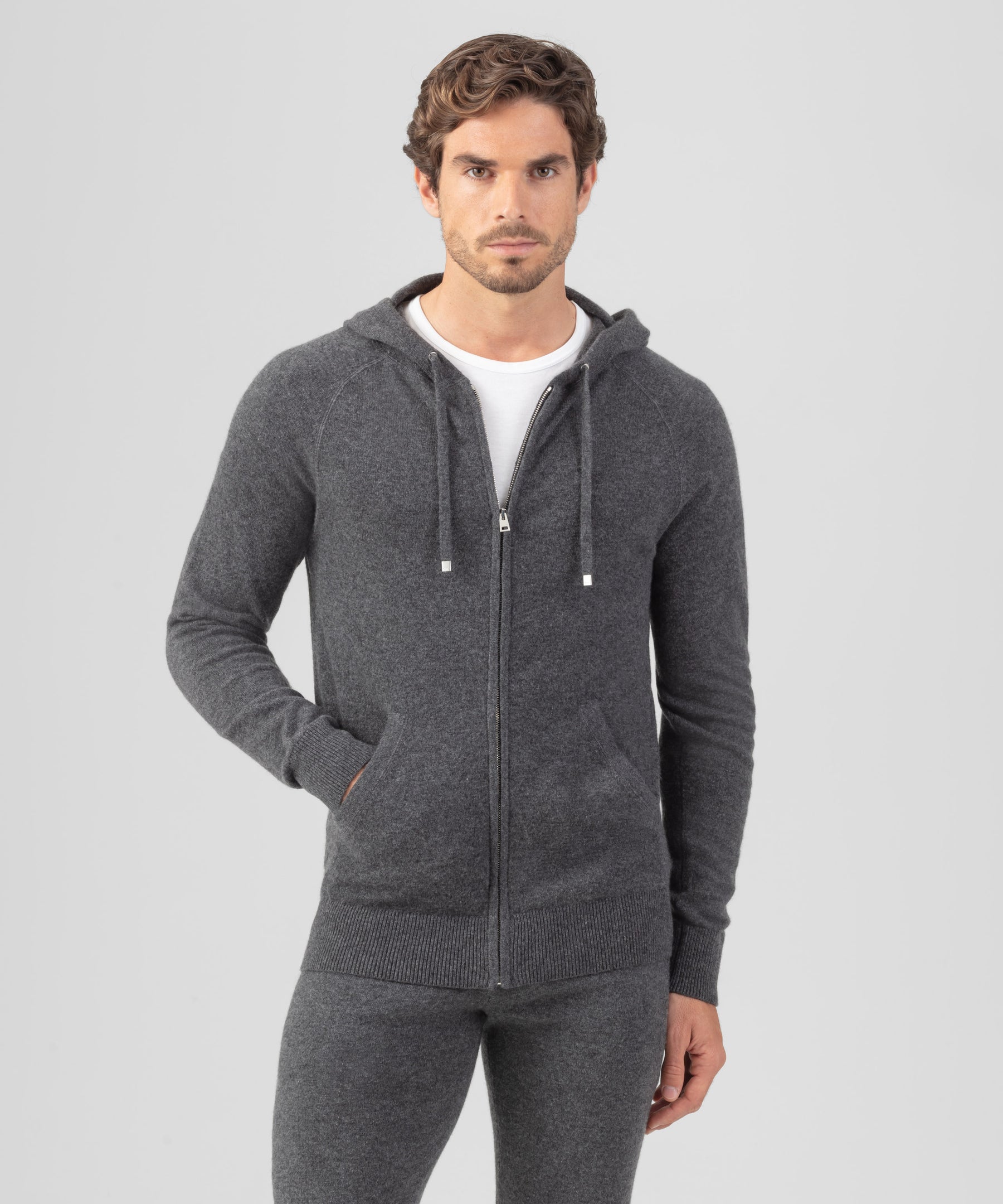 Cashmere Zipped Hoodie: Dark Grey Melange