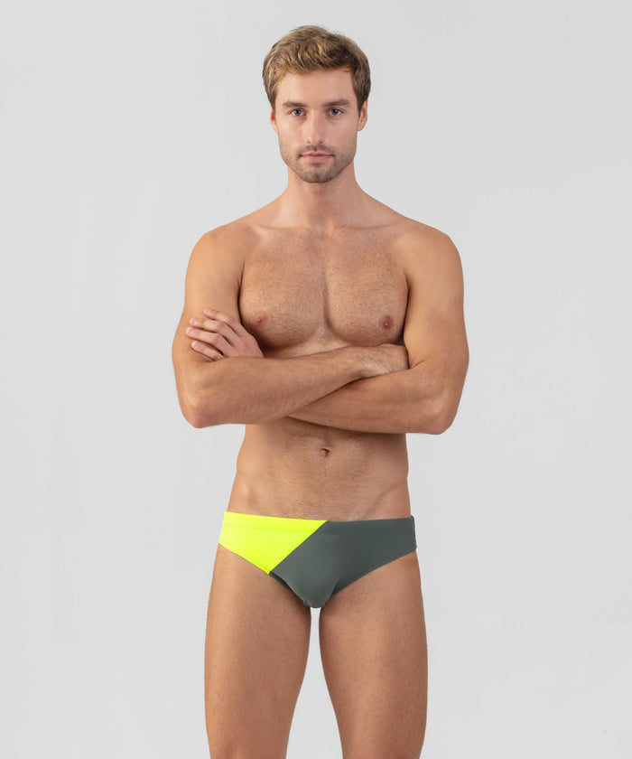 Slip de bain Slim Bicolore : Vert Ombre/Jaune Néon