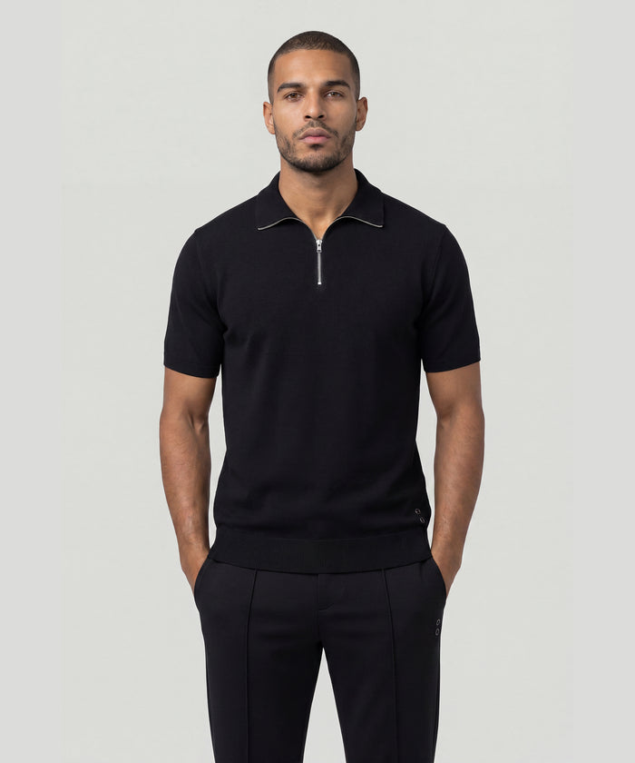 Polo col zippé en coton-soie : Noir