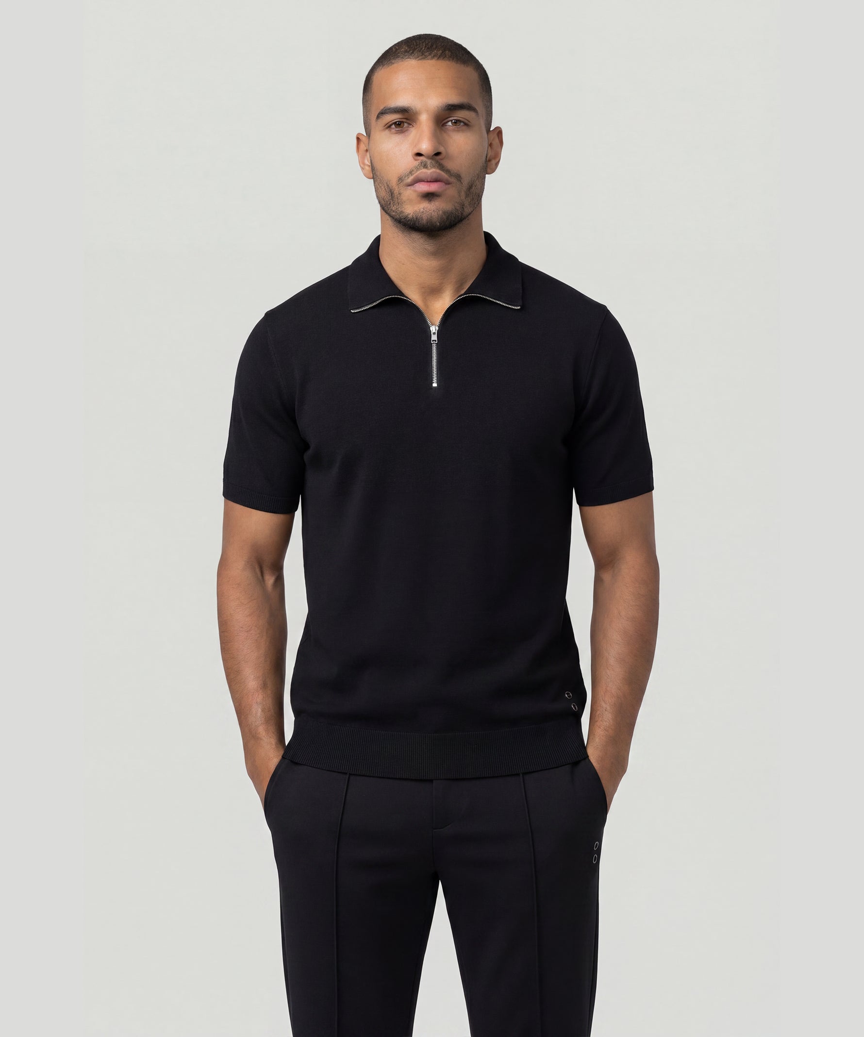 Polo col zippé en coton-soie : Noir