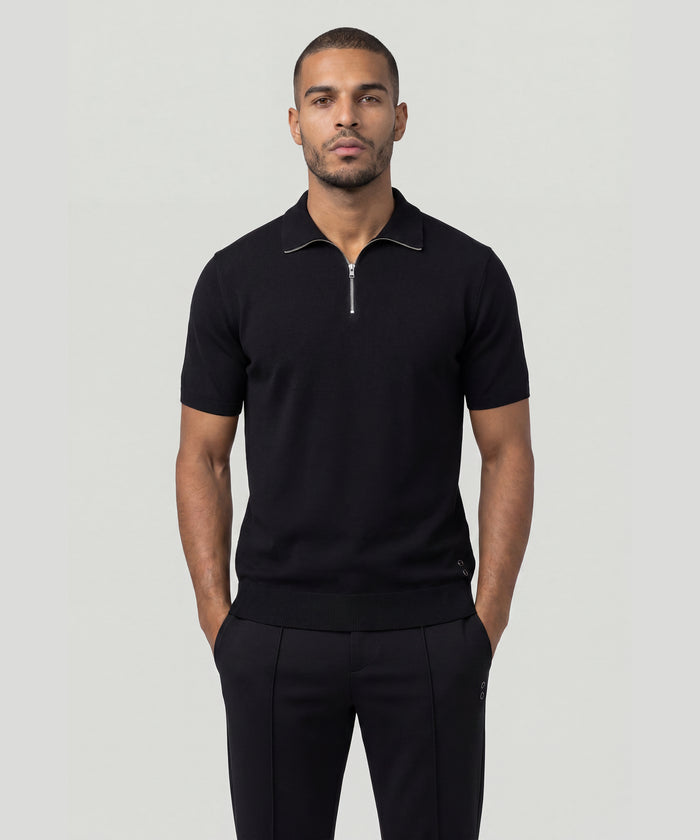 Polo col zippé en coton-soie : Noir
