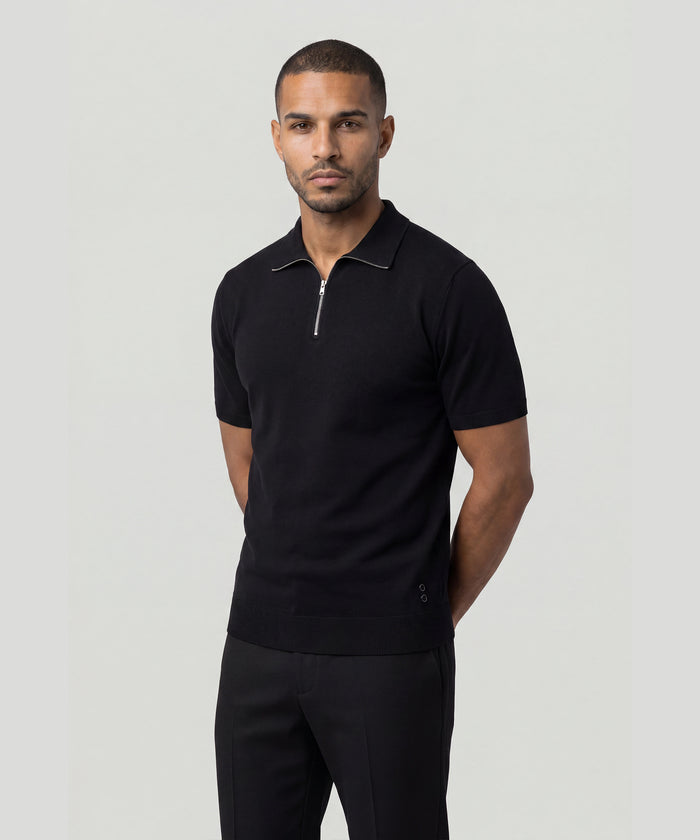 Polo col zippé en coton-soie : Noir
