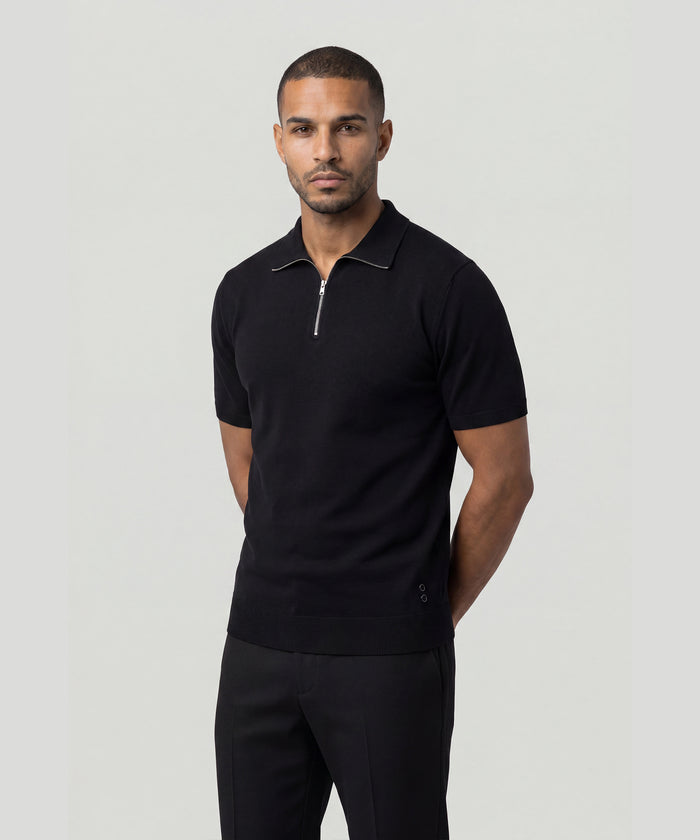 Polo col zippé en coton-soie : Noir