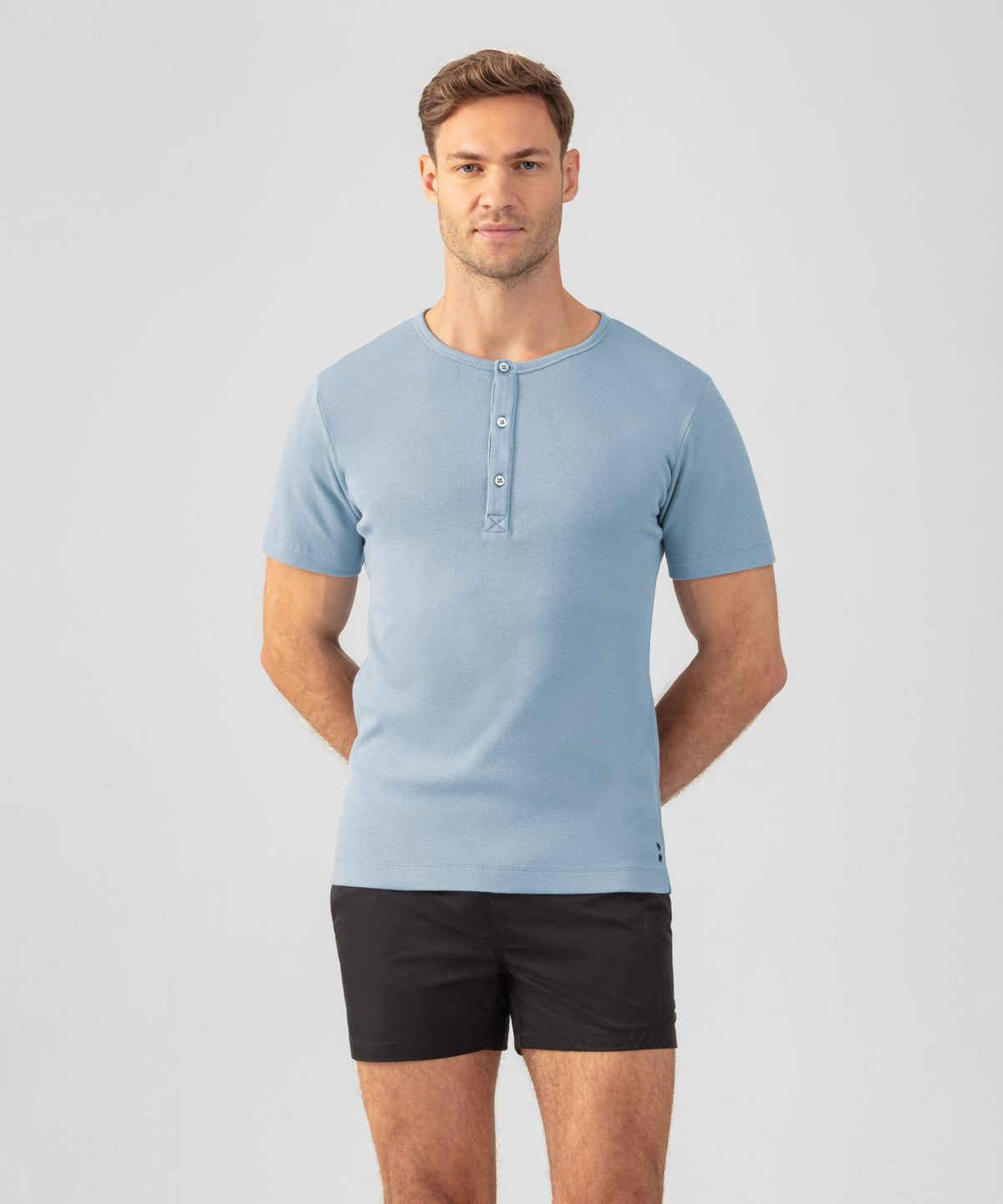 Ribbed Short-Sleeved Henley: Faded Denim