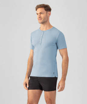 Ribbed Short-Sleeved Henley: Faded Denim