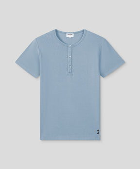 Ribbed Short-Sleeved Henley: Faded Denim