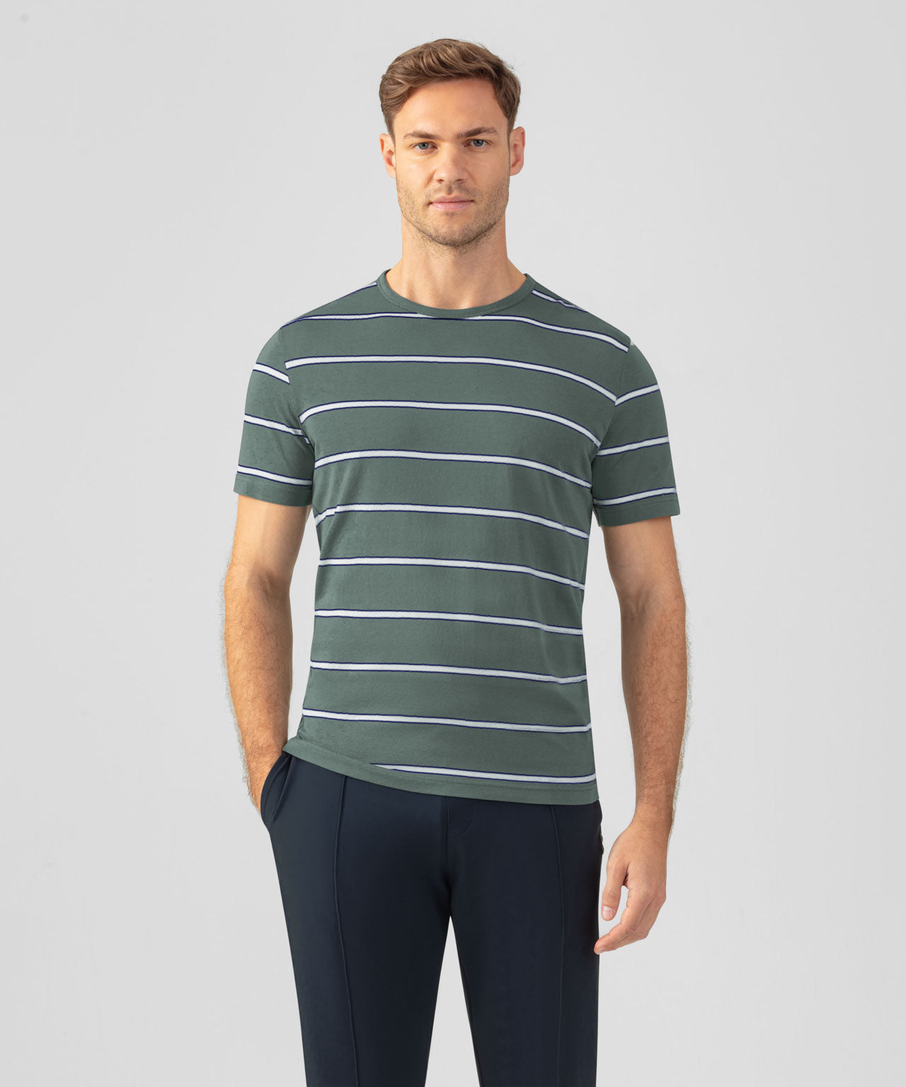 Crew Neck T-Shirt Eyelet Edition w. Double Stripes: Green Shadow