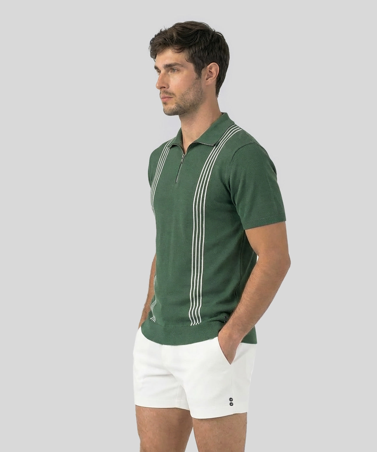 Baumwolle-Seide Polo mit Reißverschluss und Streifen: Court Green