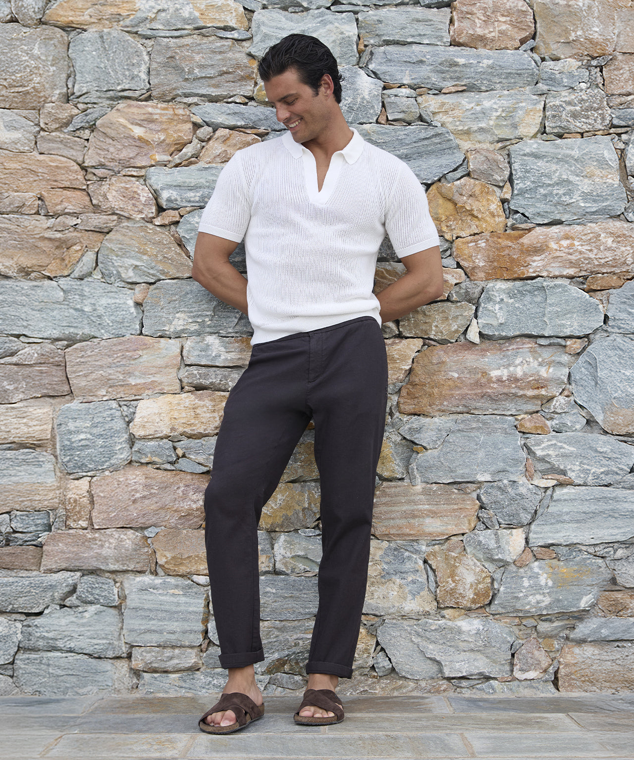 Knitted V Neck Polo: Off White