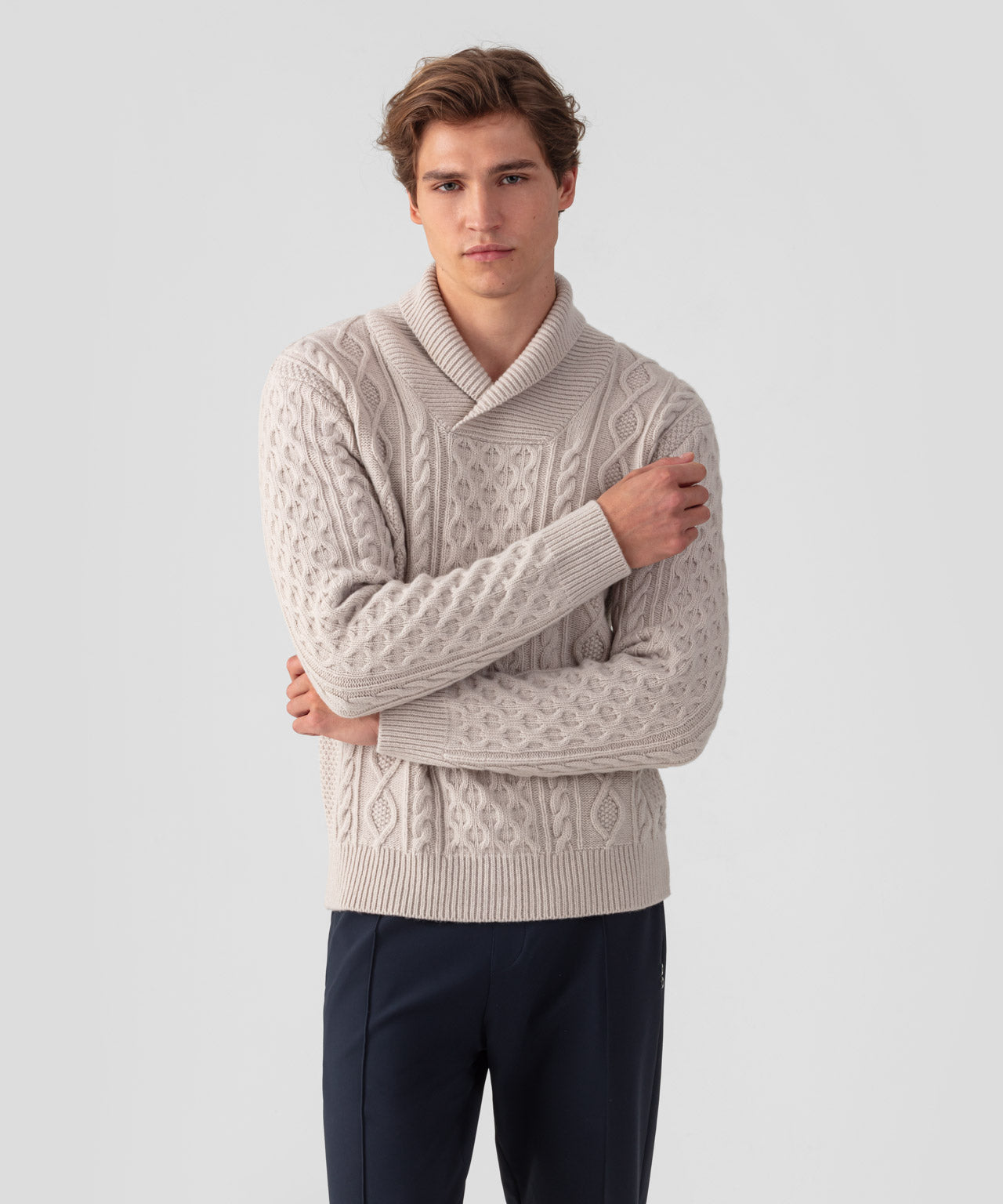 Wool Cashmere Shawl Collar Telemark Sweater: Beige Melange
