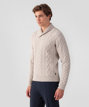 Wool Cashmere Shawl Collar Telemark Sweater: Beige Melange