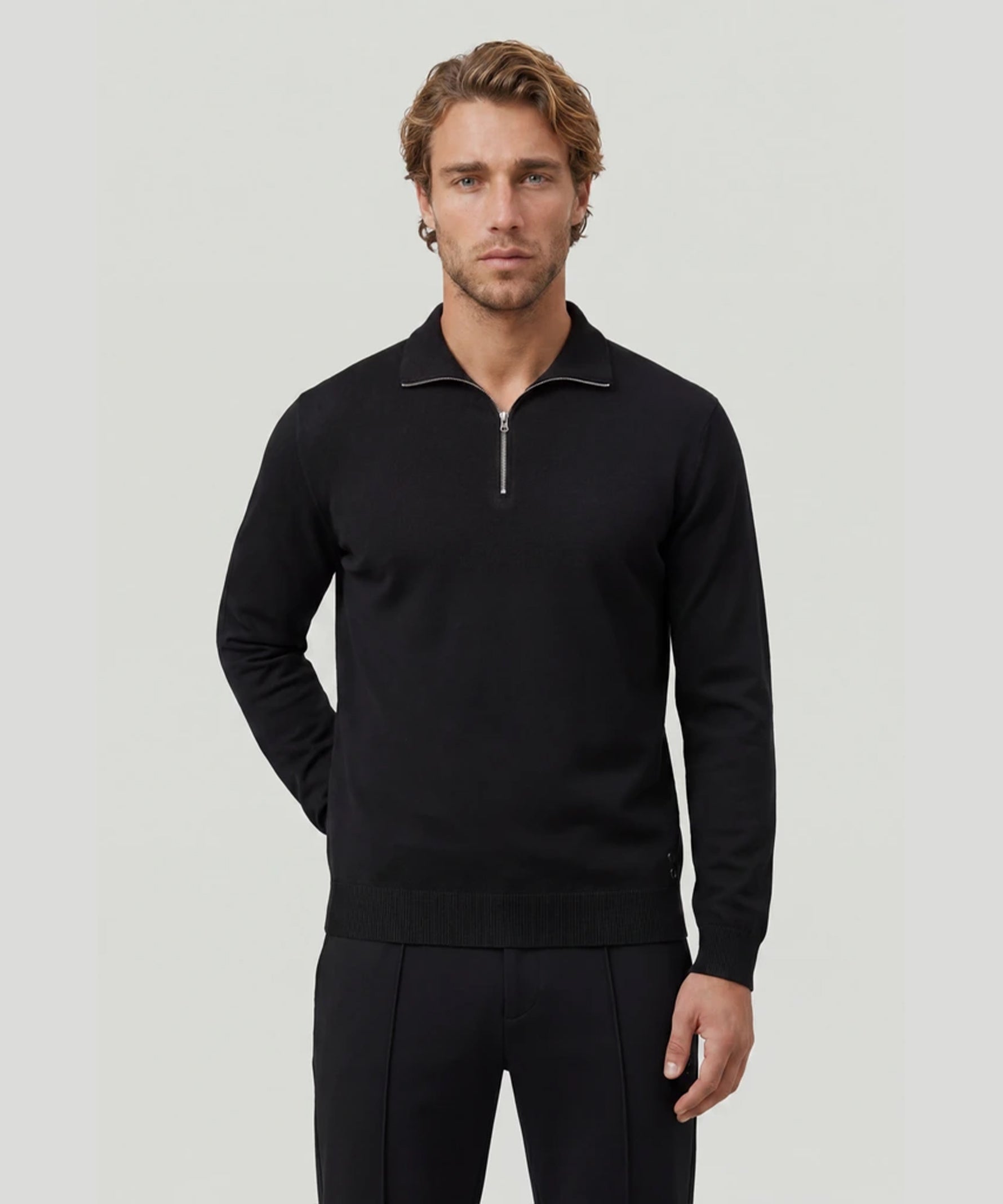 Polo manches longues en coton-soie : Noir