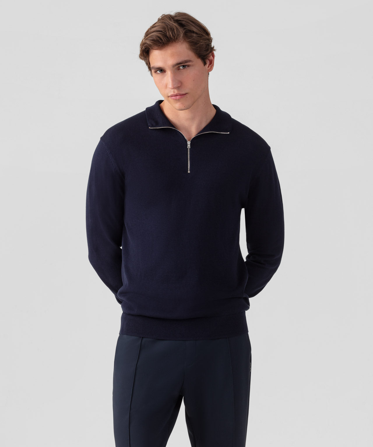 Baumwoll-Seide RD Poloshirt Langarm: Marine