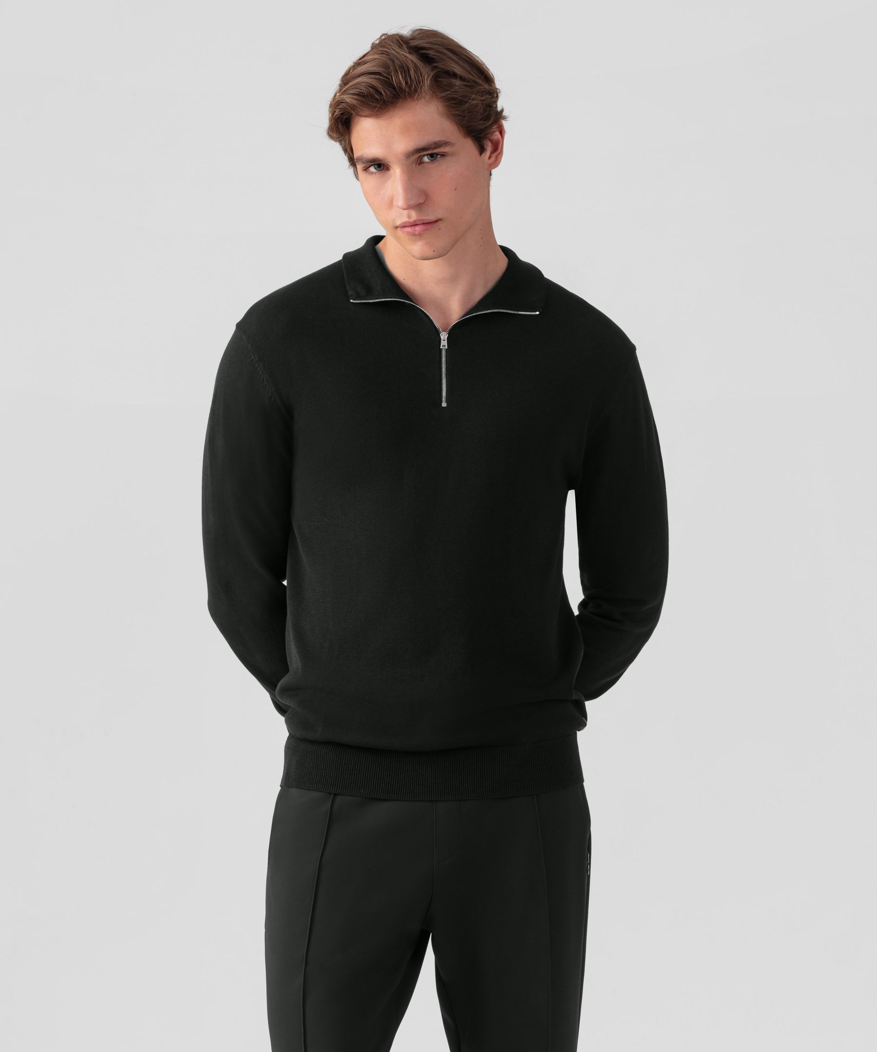 Cotton Silk RD Polo Long Sleeve: Black