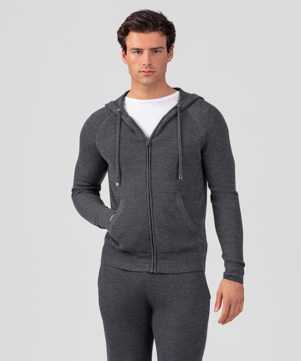 Ribbed Wool Zipped Hoodie: Cosmo Grey