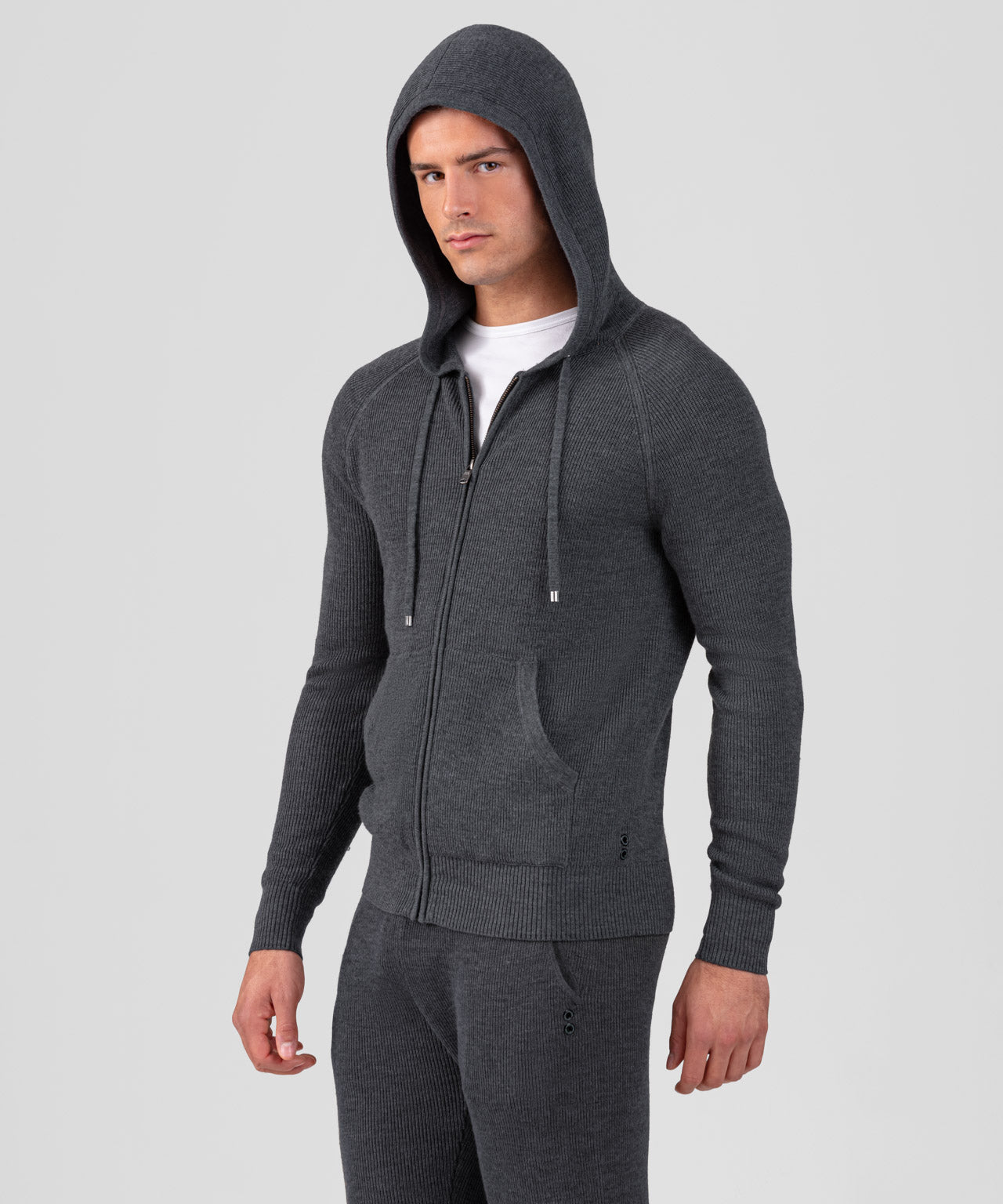 Ribbed Wool Zipped Hoodie: Cosmo Grey
