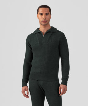 Pull en laine côtelée avec demi col zippé: Kaki foncé
