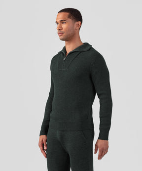 Pull en laine côtelée avec demi col zippé: Kaki foncé