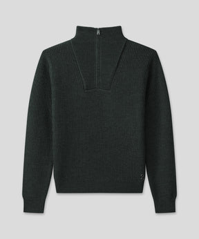 Pull en laine côtelée avec demi col zippé: Kaki foncé