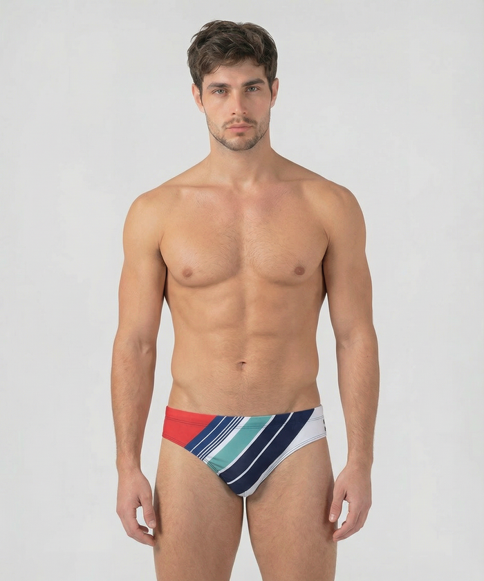 Enganliegende Badehose mit Retro-Streifen: Knallrot