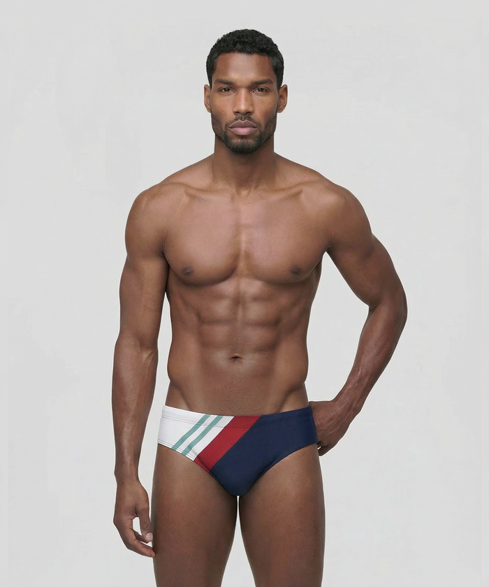 Swim Briefs w. Diagonal Irregular Stripes: Navy
