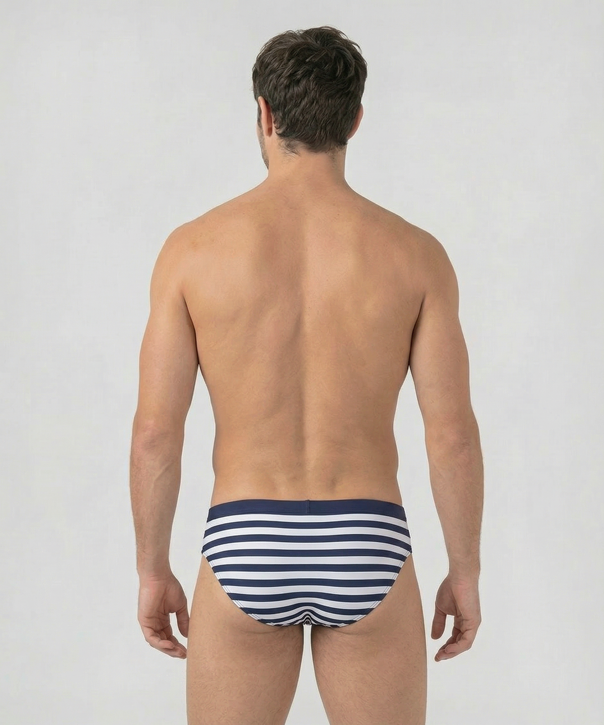 Slip de bain à rayures horizontales avec ceinture : Bleu marine/Blanc