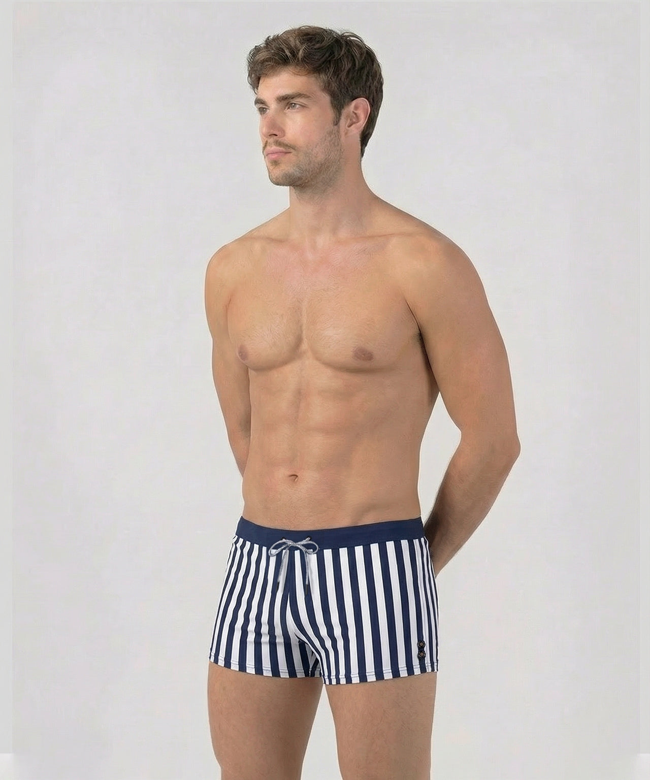 Short de bain à rayures verticales et taille élastique : Marine/Blanc